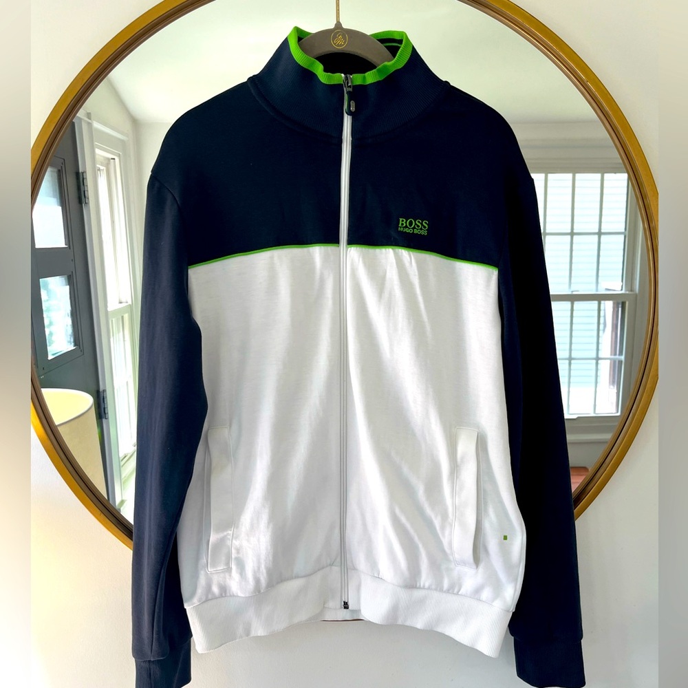 BOSS by Hugo Boss
Full-Zip, Cotton Blend Golf Top
Men’s Small
White/Navy/Lime